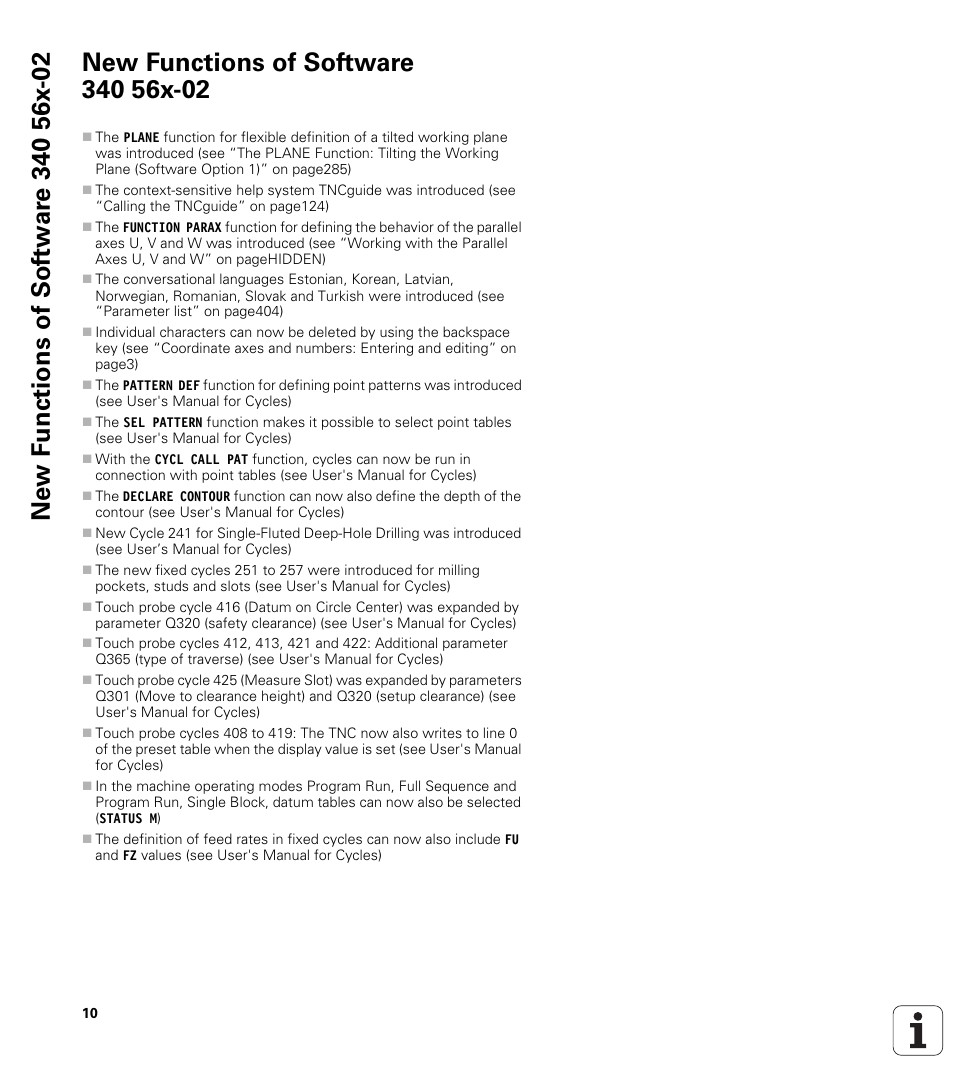 New functions of software 340 56x-02 | HEIDENHAIN TNC 620 (340 56x-02) ISO programming User Manual | Page 10 / 467