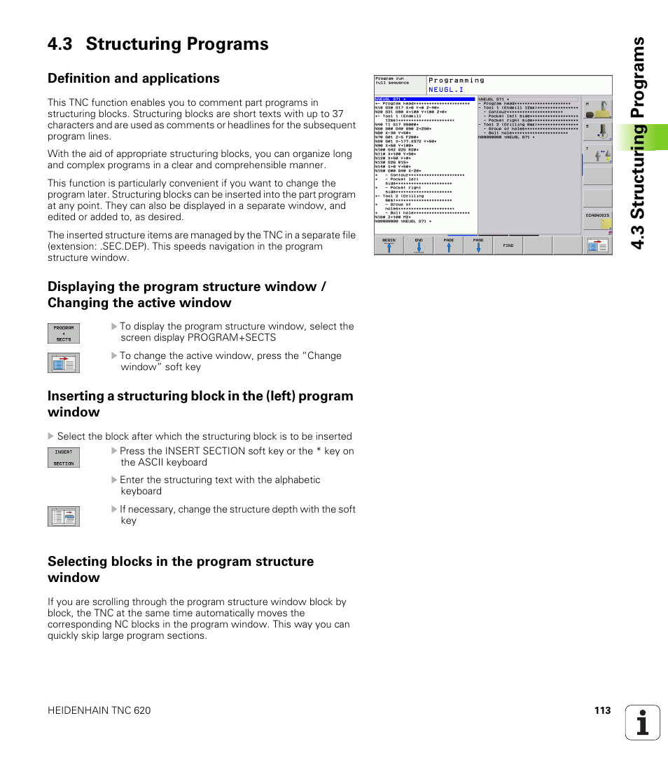 3 structuring programs, Definition and applications, Selecting blocks in the program structure window | HEIDENHAIN TNC 620 (340 56x-02) ISO programming User Manual | Page 113 / 467