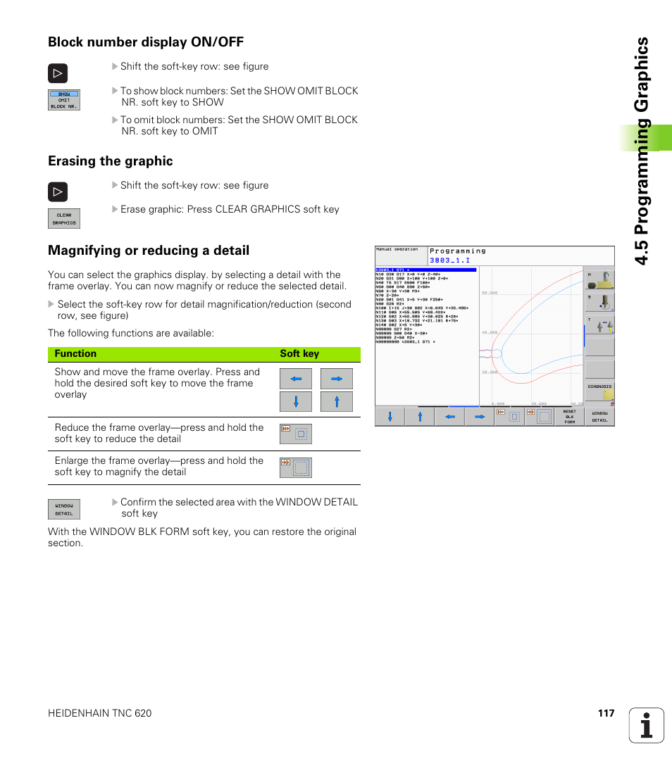 Block number display on/off, Erasing the graphic, Magnifying or reducing a detail | 5 pr ogr amming gr aphics | HEIDENHAIN TNC 620 (340 56x-02) ISO programming User Manual | Page 117 / 467
