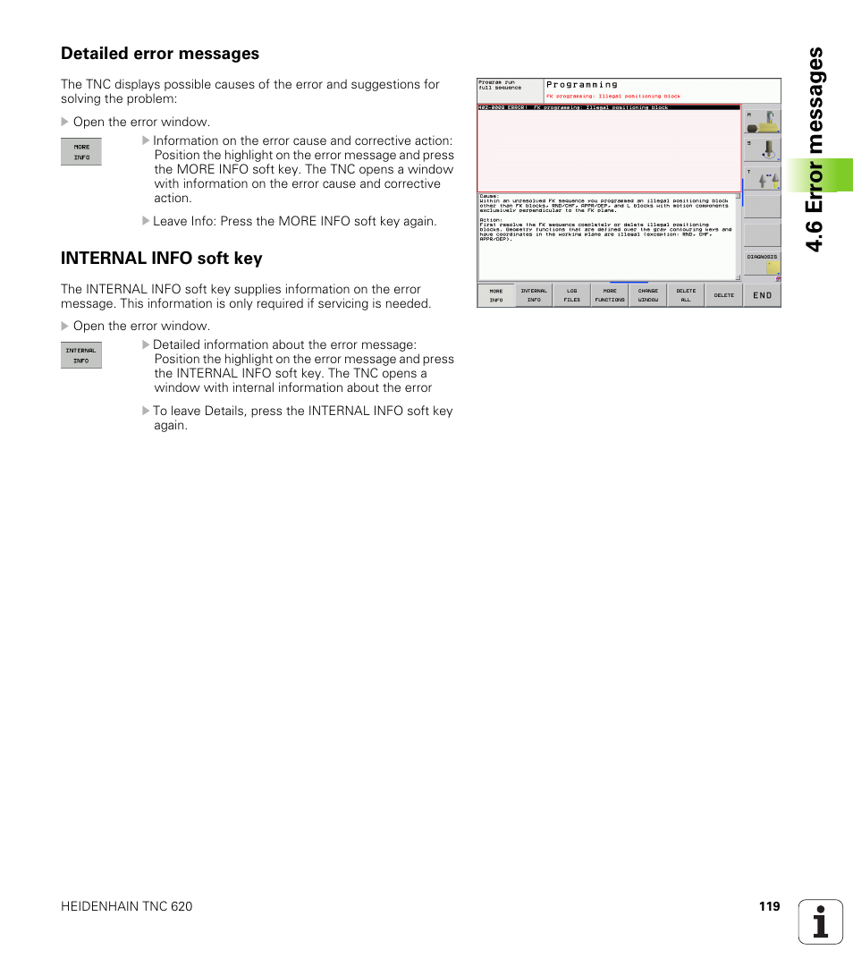 Detailed error messages, Internal info soft key, 6 er ror messag es | HEIDENHAIN TNC 620 (340 56x-02) ISO programming User Manual | Page 119 / 467