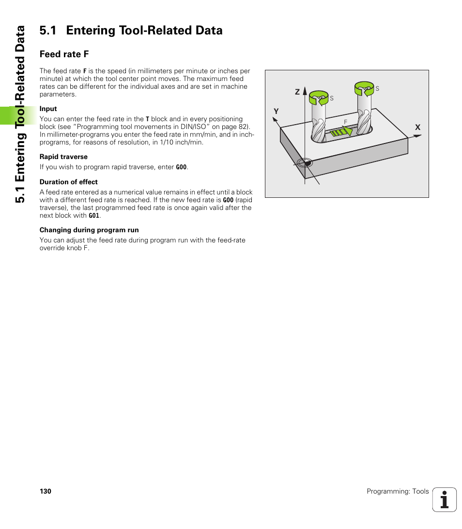 1 entering tool-related data, Feed rate f | HEIDENHAIN TNC 620 (340 56x-02) ISO programming User Manual | Page 130 / 467