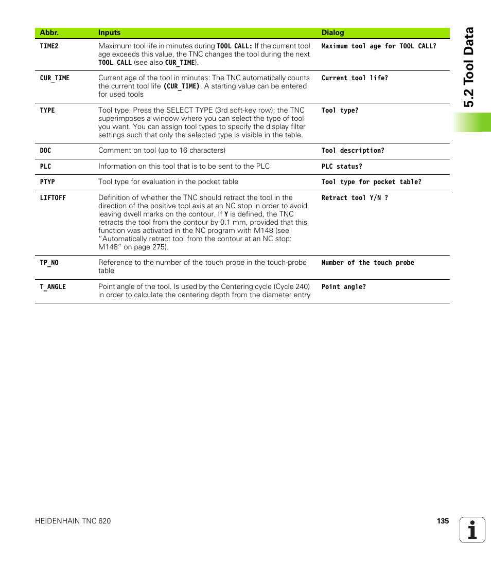 2 t ool d a ta | HEIDENHAIN TNC 620 (340 56x-02) ISO programming User Manual | Page 135 / 467