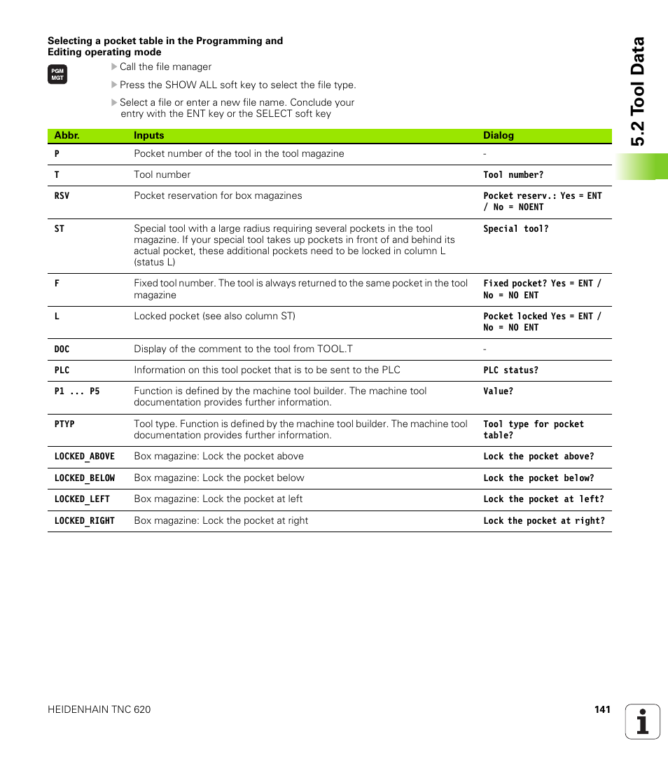 2 t ool d a ta | HEIDENHAIN TNC 620 (340 56x-02) ISO programming User Manual | Page 141 / 467