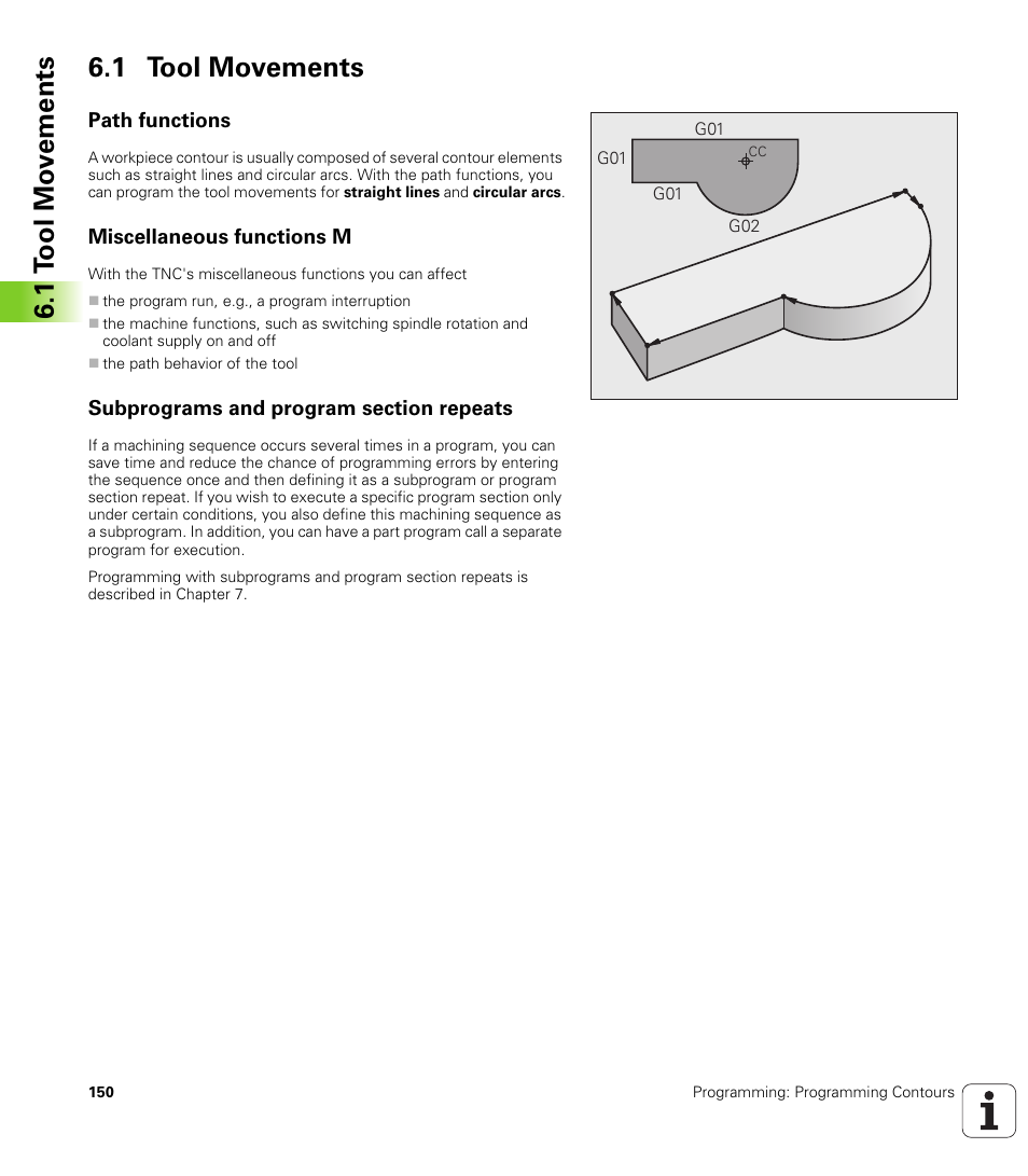1 tool movements, Path functions, Miscellaneous functions m | Subprograms and program section repeats, 1 t ool mo v e ments 6.1 tool movements | HEIDENHAIN TNC 620 (340 56x-02) ISO programming User Manual | Page 150 / 467