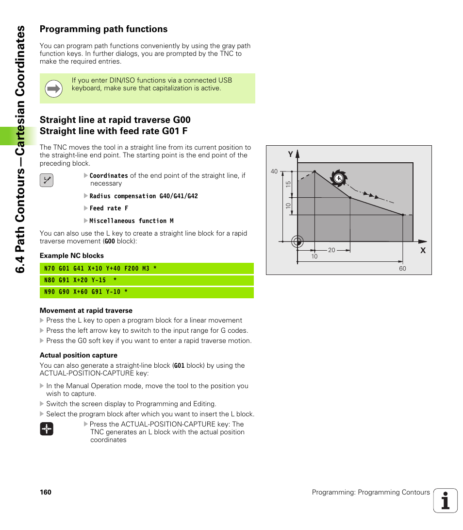 Programming path functions, 4 p a th cont ours—car te sian coor dinat e s | HEIDENHAIN TNC 620 (340 56x-02) ISO programming User Manual | Page 160 / 467