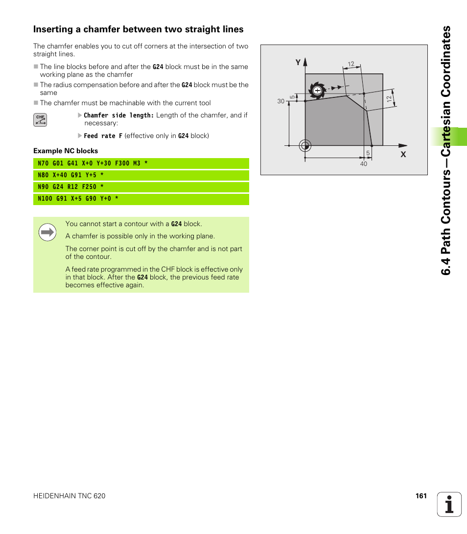 Inserting a chamfer between two straight lines, 4 p a th cont ours—car te sian coor dinat e s | HEIDENHAIN TNC 620 (340 56x-02) ISO programming User Manual | Page 161 / 467