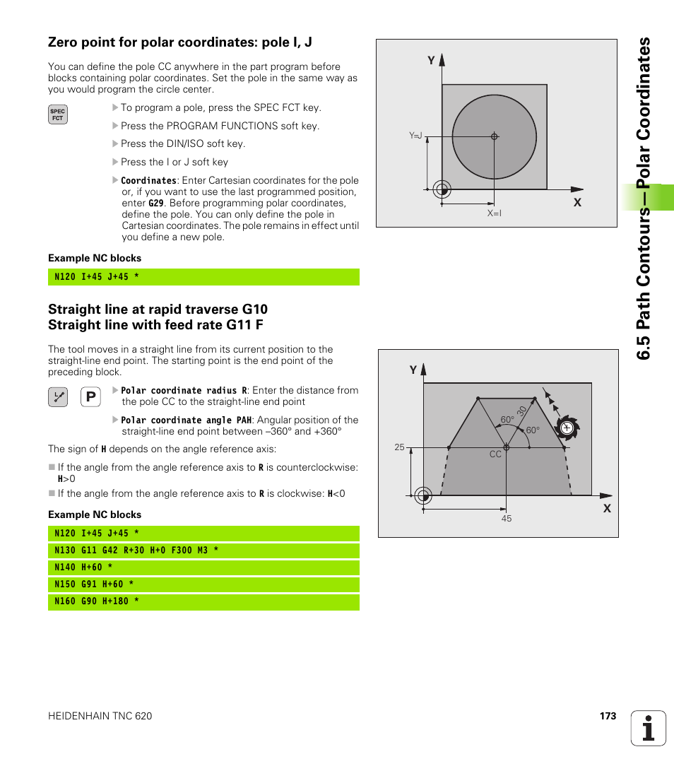 Zero point for polar coordinates: pole i, j, 5 p a th cont ours—p o lar coor dinat e s | HEIDENHAIN TNC 620 (340 56x-02) ISO programming User Manual | Page 173 / 467