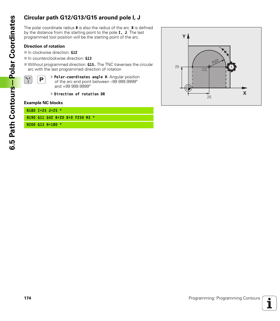 Circular path g12/g13/g15 around pole i, j, 5 p a th cont ours—p o lar coor dinat e s | HEIDENHAIN TNC 620 (340 56x-02) ISO programming User Manual | Page 174 / 467