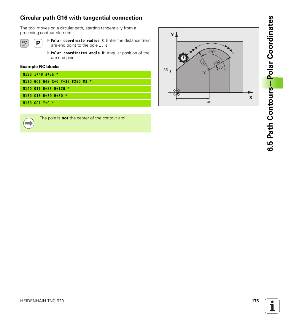 Circular path g16 with tangential connection, 5 p a th cont ours—p o lar coor dinat e s | HEIDENHAIN TNC 620 (340 56x-02) ISO programming User Manual | Page 175 / 467