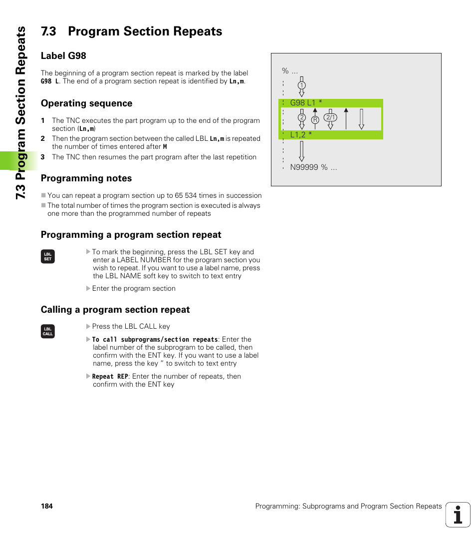 3 program section repeats, Label g98, Operating sequence | Programming notes, Programming a program section repeat, Calling a program section repeat | HEIDENHAIN TNC 620 (340 56x-02) ISO programming User Manual | Page 184 / 467