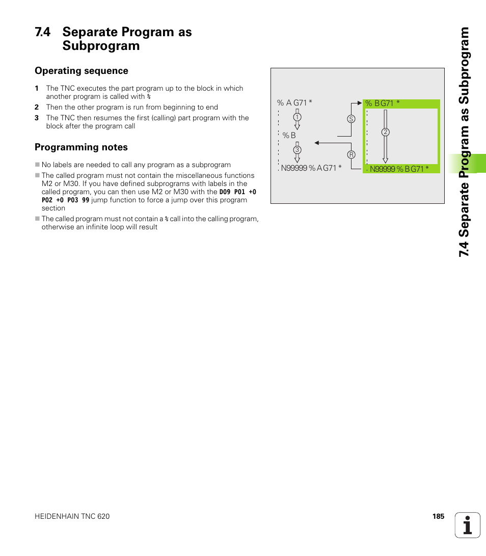 4 separate program as subprogram, Operating sequence, Programming notes | HEIDENHAIN TNC 620 (340 56x-02) ISO programming User Manual | Page 185 / 467