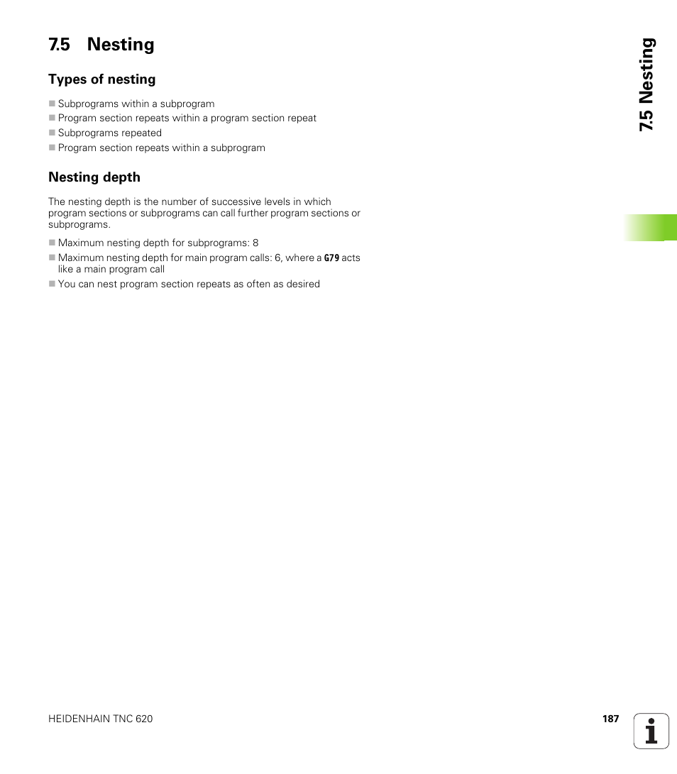5 nesting, Types of nesting, Nesting depth | 5 nesting 7.5 nesting | HEIDENHAIN TNC 620 (340 56x-02) ISO programming User Manual | Page 187 / 467