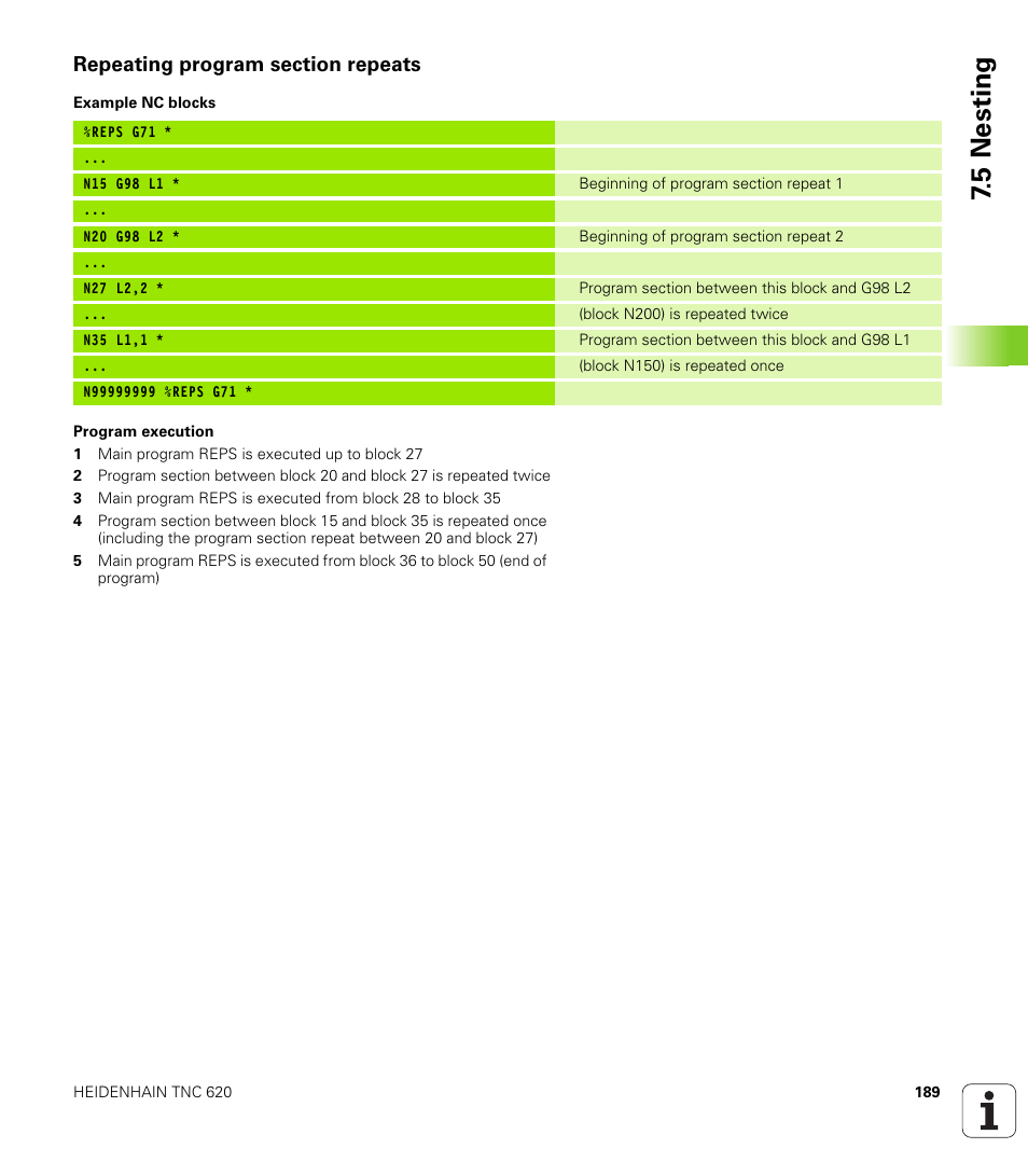 Repeating program section repeats, 5 nesting | HEIDENHAIN TNC 620 (340 56x-02) ISO programming User Manual | Page 189 / 467