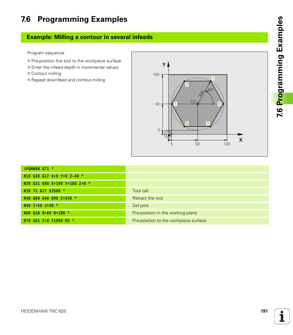 6 programming examples, 6 pr ogr amming examples 7.6 programming examples, Example: milling a contour in several infeeds | HEIDENHAIN TNC 620 (340 56x-02) ISO programming User Manual | Page 191 / 467