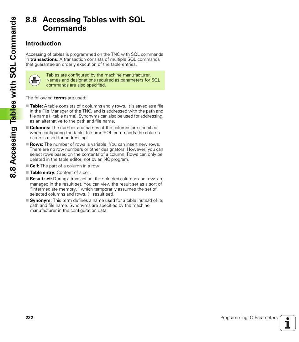 8 accessing tables with sql commands, Introduction | HEIDENHAIN TNC 620 (340 56x-02) ISO programming User Manual | Page 222 / 467