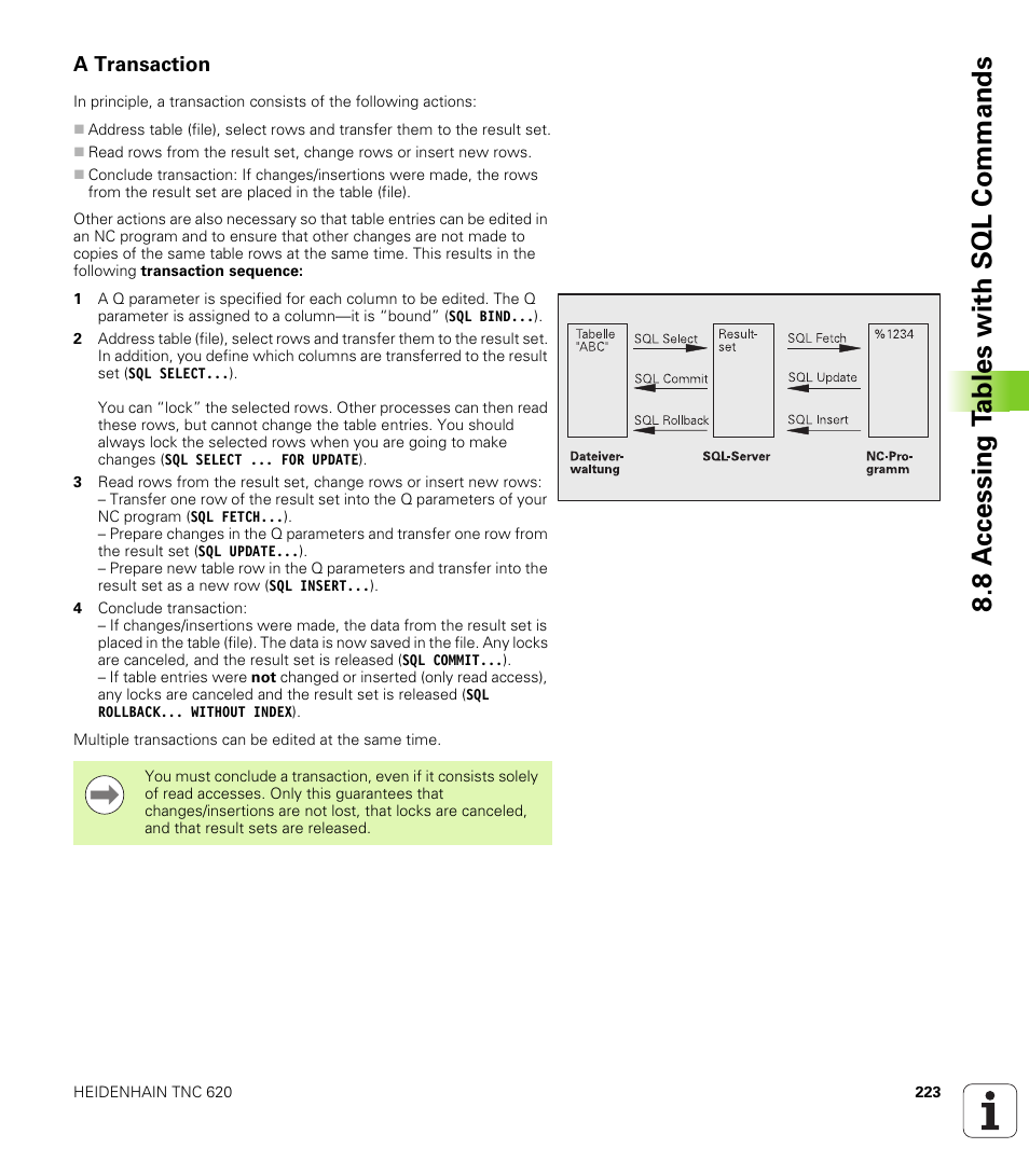 A transaction, 8 a c cessing t a bles with sql commands | HEIDENHAIN TNC 620 (340 56x-02) ISO programming User Manual | Page 223 / 467