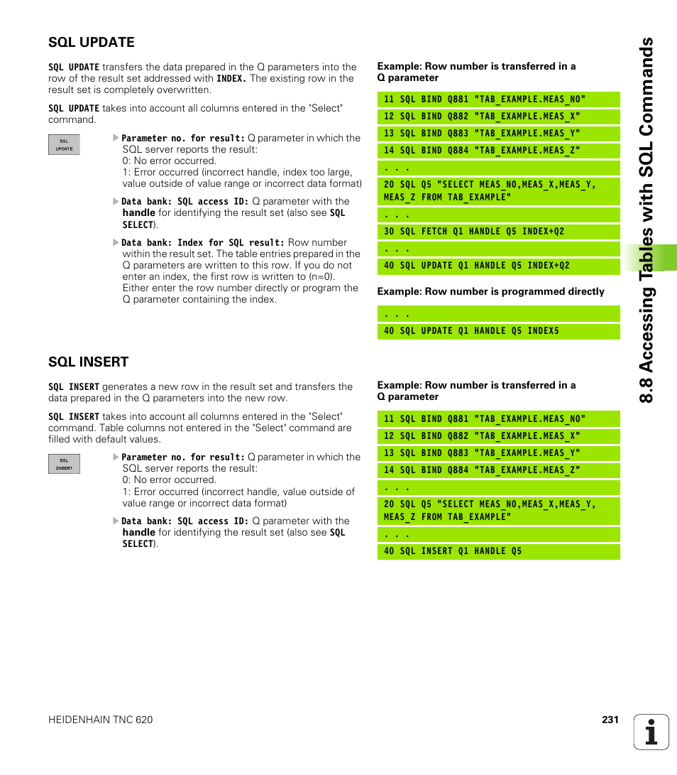 Sql update, Sql insert, 8 a c cessing t a bles with sql commands | HEIDENHAIN TNC 620 (340 56x-02) ISO programming User Manual | Page 231 / 467