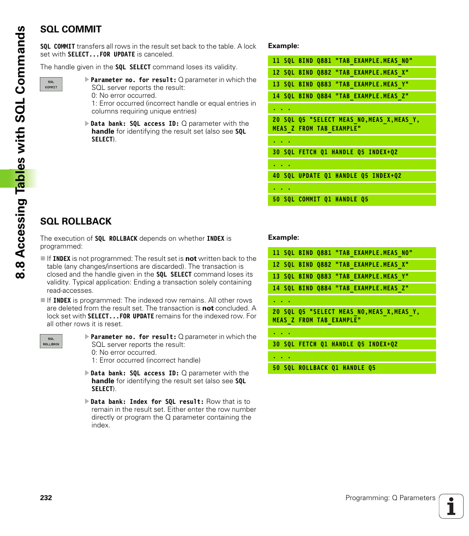 Sql commit, Sql rollback, 8 a c cessing t a bles with sql commands | HEIDENHAIN TNC 620 (340 56x-02) ISO programming User Manual | Page 232 / 467