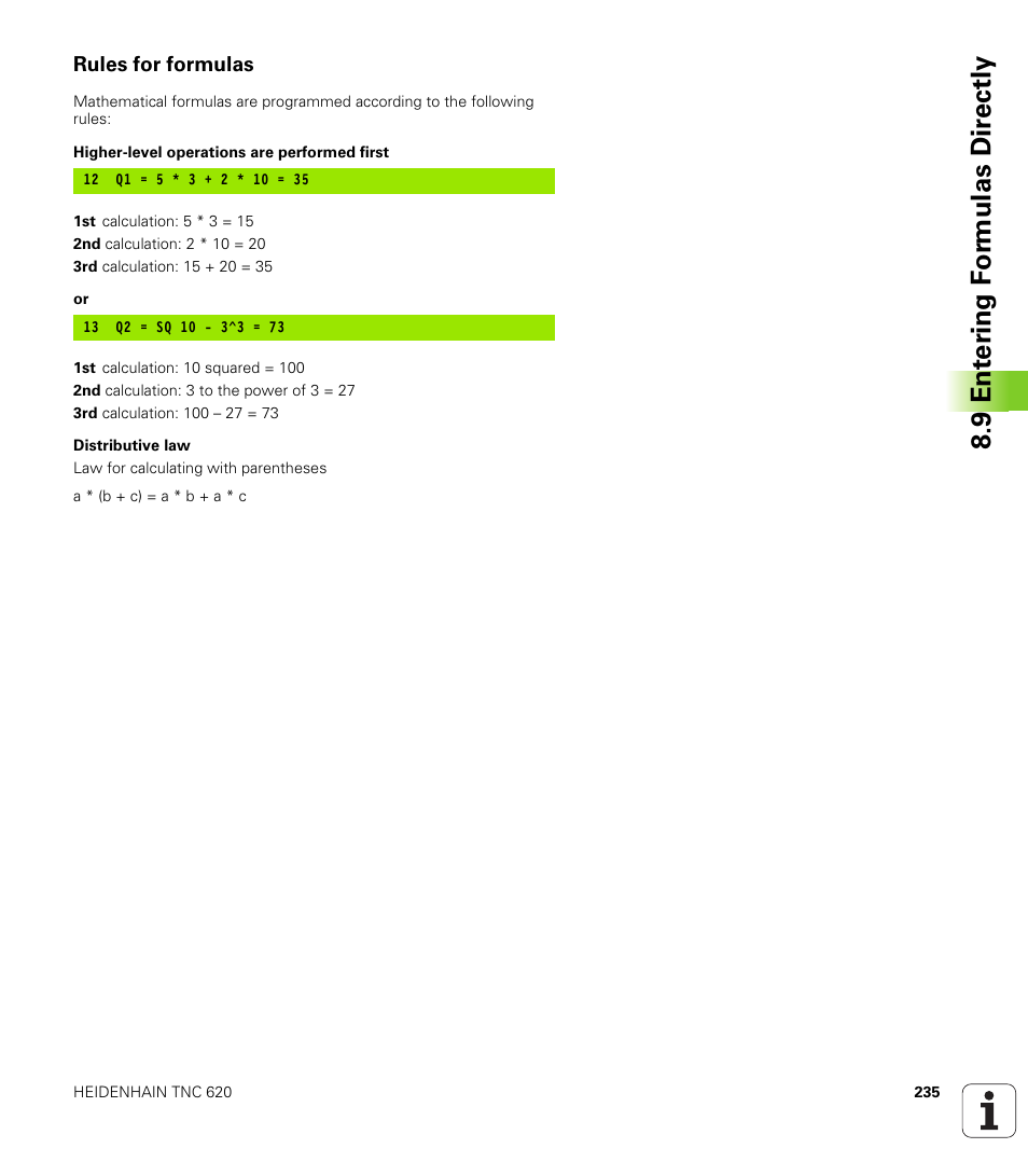 Rules for formulas, 9 ent er ing f o rm ulas dir e ctly | HEIDENHAIN TNC 620 (340 56x-02) ISO programming User Manual | Page 235 / 467