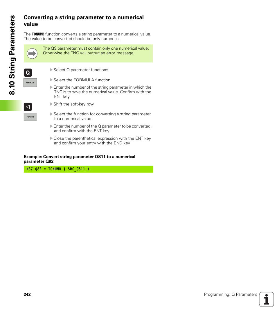Converting a string parameter to a numerical value, 1 0 str ing p a ra met e rs | HEIDENHAIN TNC 620 (340 56x-02) ISO programming User Manual | Page 242 / 467