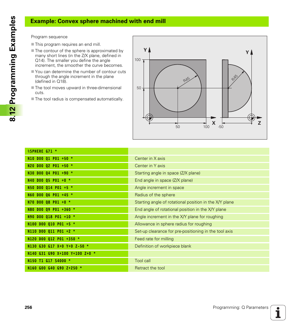 12 pr ogr amming examples, Example: convex sphere machined with end mill | HEIDENHAIN TNC 620 (340 56x-02) ISO programming User Manual | Page 256 / 467