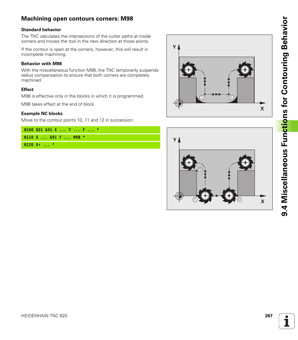 Machining open contours corners: m98 | HEIDENHAIN TNC 620 (340 56x-02) ISO programming User Manual | Page 267 / 467