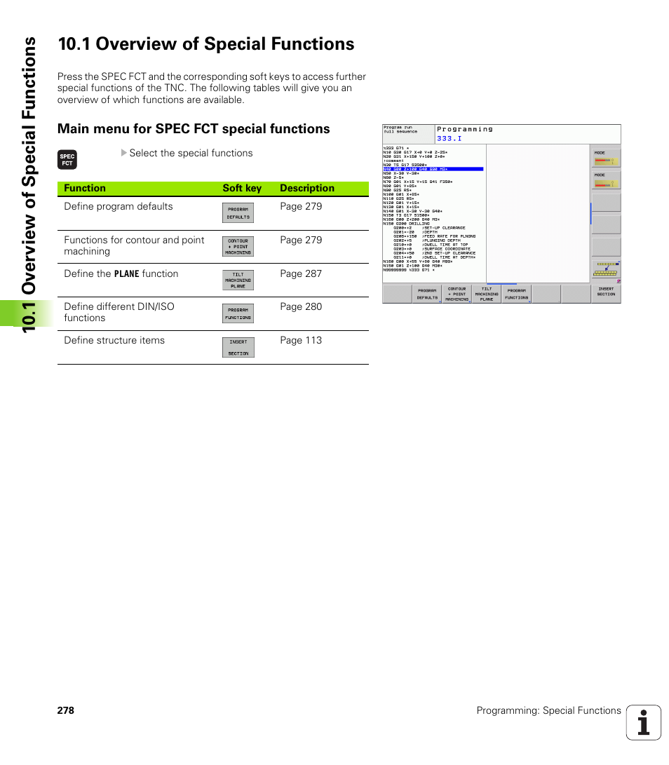 1 overview of special functions, Main menu for spec fct special functions | HEIDENHAIN TNC 620 (340 56x-02) ISO programming User Manual | Page 278 / 467