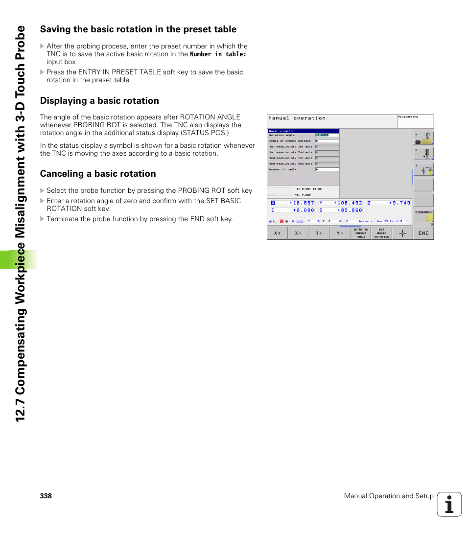 Saving the basic rotation in the preset table, Displaying a basic rotation, Canceling a basic rotation | HEIDENHAIN TNC 620 (340 56x-02) ISO programming User Manual | Page 338 / 467