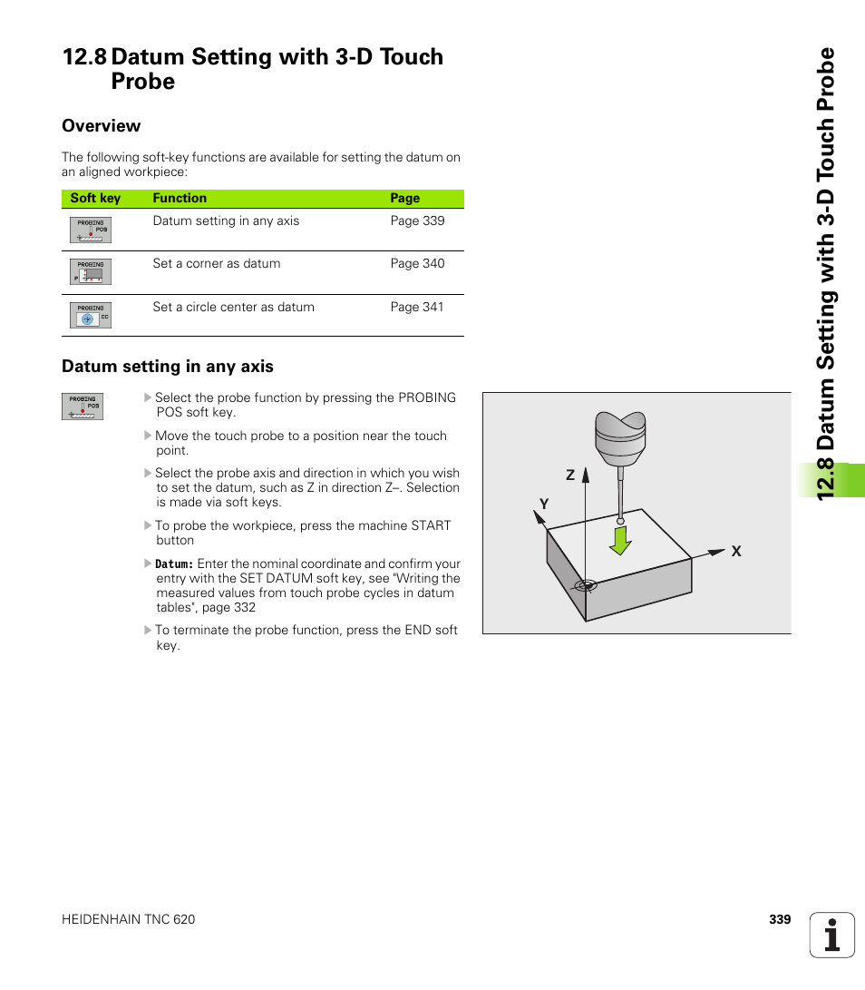 8 datum setting with 3-d touch probe, Overview, Datum setting in any axis | HEIDENHAIN TNC 620 (340 56x-02) ISO programming User Manual | Page 339 / 467
