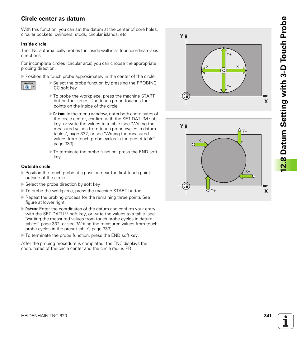 Circle center as datum, 8 d a tum set ting with 3-d t o uc h pr obe | HEIDENHAIN TNC 620 (340 56x-02) ISO programming User Manual | Page 341 / 467