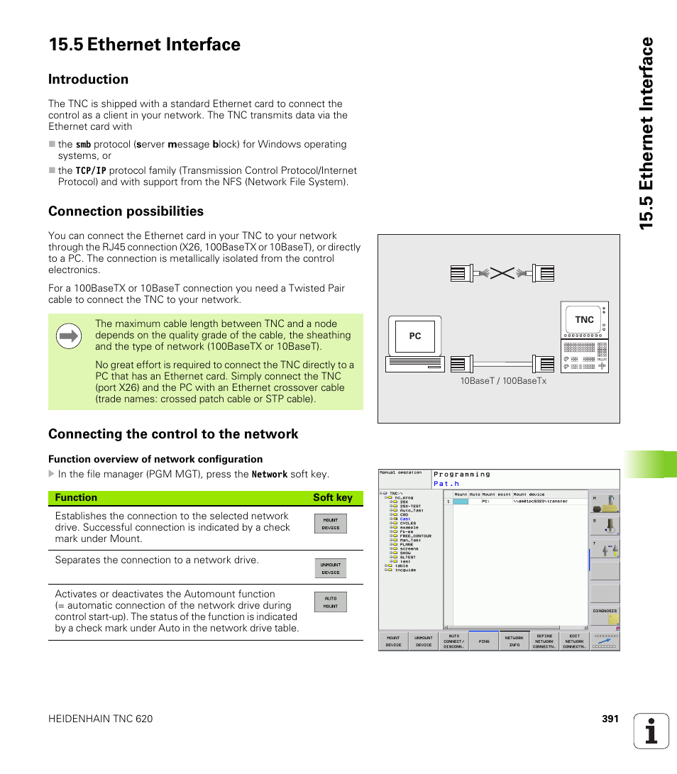 5 ethernet interface, Introduction, Connection possibilities | Connecting the control to the network, 5 ether n et int e rf ace 15.5 ethernet interface | HEIDENHAIN TNC 620 (340 56x-02) ISO programming User Manual | Page 391 / 467