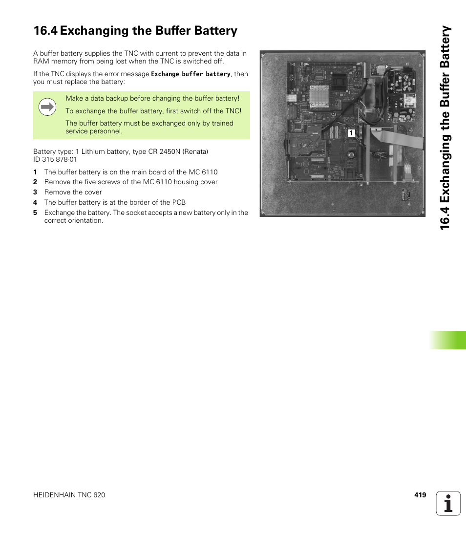 4 exchanging the buffer battery | HEIDENHAIN TNC 620 (340 56x-02) ISO programming User Manual | Page 419 / 467