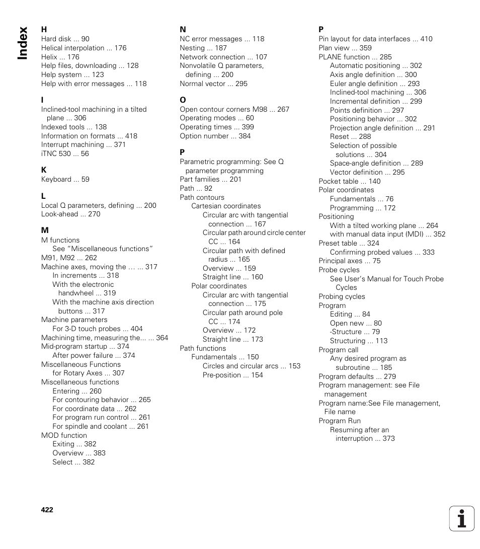 Index | HEIDENHAIN TNC 620 (340 56x-02) ISO programming User Manual | Page 422 / 467