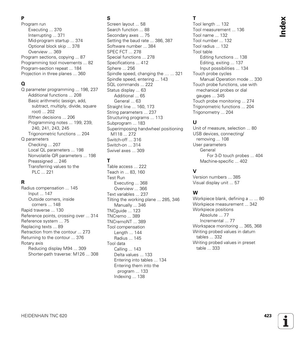 Index | HEIDENHAIN TNC 620 (340 56x-02) ISO programming User Manual | Page 423 / 467
