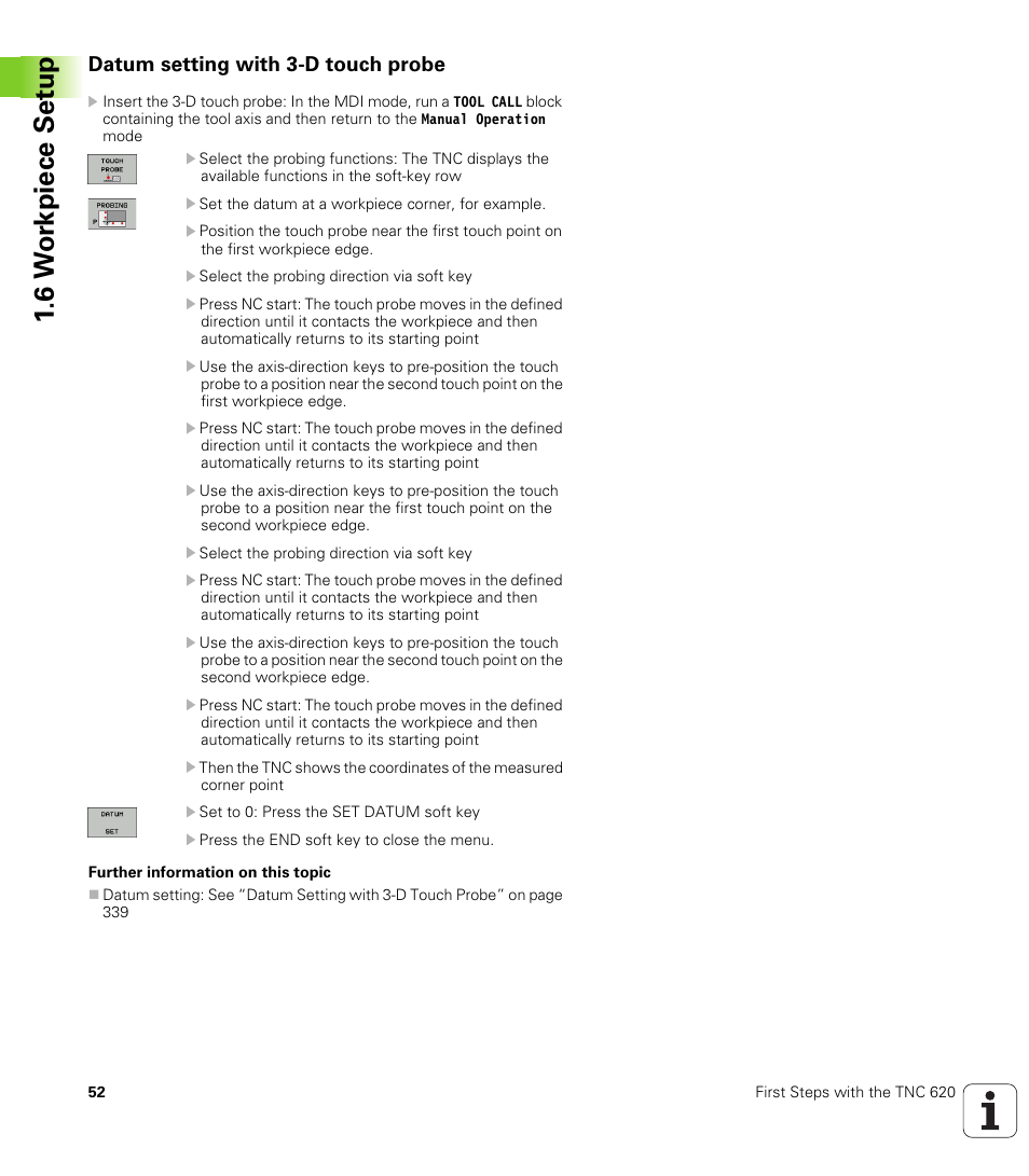 Datum setting with 3-d touch probe, 6 w o rkpiece set u p | HEIDENHAIN TNC 620 (340 56x-02) ISO programming User Manual | Page 52 / 467