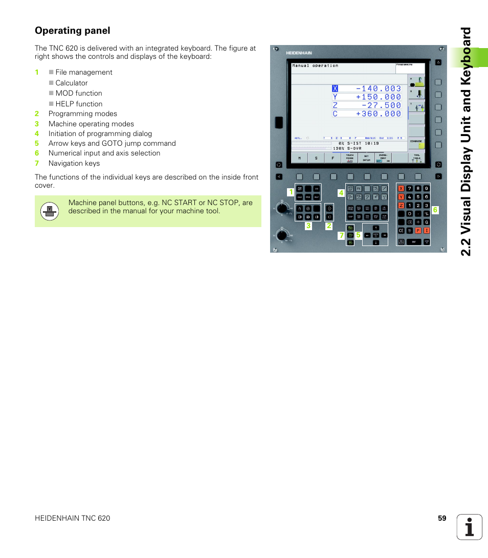 Operating panel, 2 v isual displa y unit and k e yboar d | HEIDENHAIN TNC 620 (340 56x-02) ISO programming User Manual | Page 59 / 467