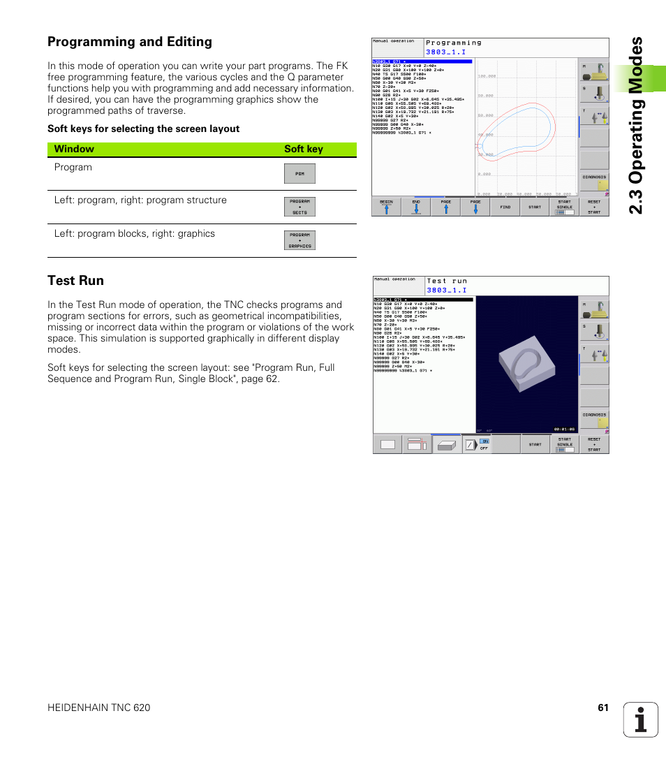 Programming and editing, Test run, 3 oper ating modes | HEIDENHAIN TNC 620 (340 56x-02) ISO programming User Manual | Page 61 / 467