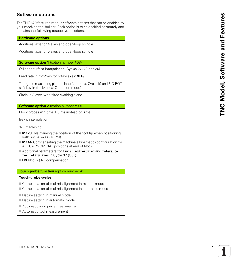 Software options, Tnc model, sof tw a re and f eat ur es | HEIDENHAIN TNC 620 (340 56x-02) ISO programming User Manual | Page 7 / 467
