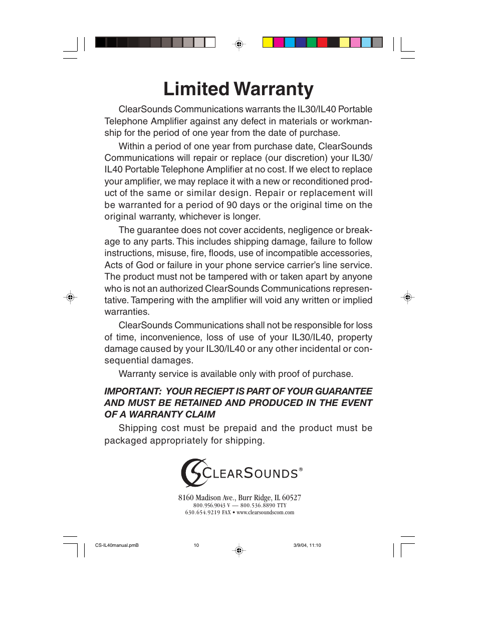 Limited warranty | ClearSounds Portable Telephone Amplifier User Manual | Page 10 / 10
