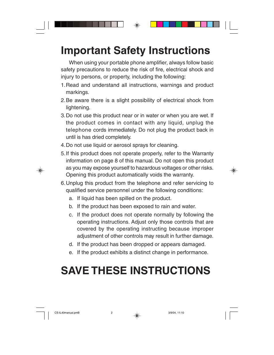 Important safety instructions, Save these instructions | ClearSounds Portable Telephone Amplifier User Manual | Page 2 / 10