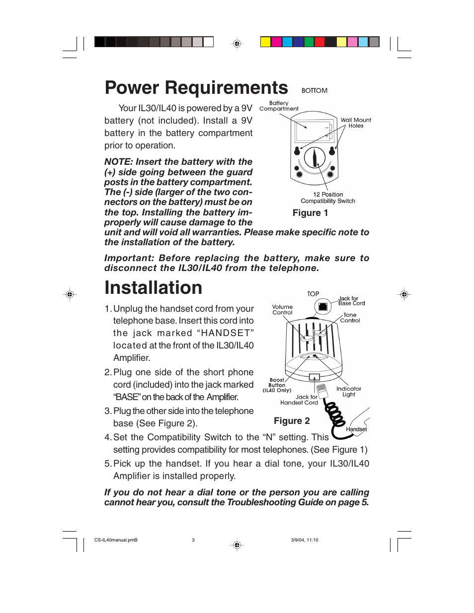 Power requirements, Installation | ClearSounds Portable Telephone Amplifier User Manual | Page 3 / 10