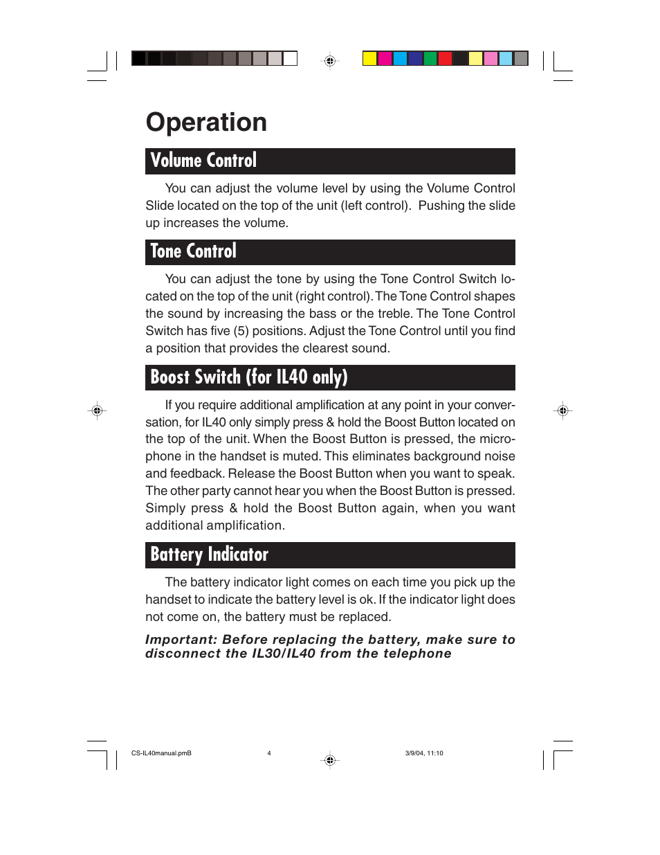 Operation, Volume control, Tone control | Boost switch (for il40 only), Battery indicator | ClearSounds Portable Telephone Amplifier User Manual | Page 4 / 10