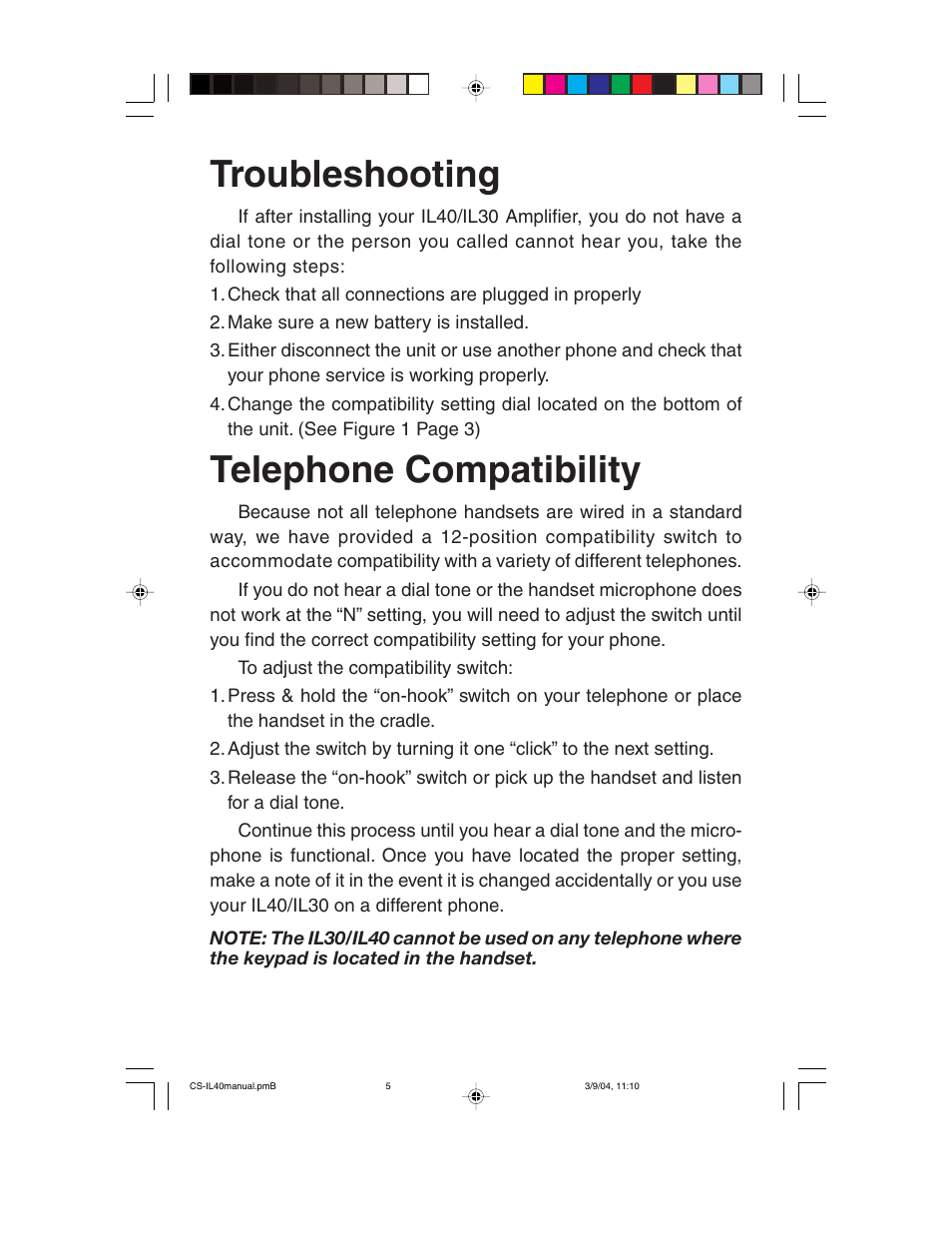 Troubleshooting, Telephone compatibility | ClearSounds Portable Telephone Amplifier User Manual | Page 5 / 10