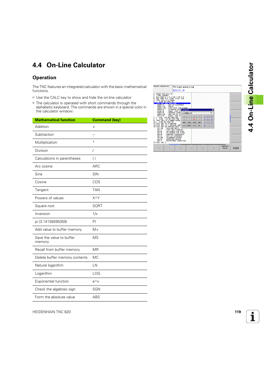 4 on-line calculator, Operation, 4 on-line calculat or 4.4 on-line calculator | HEIDENHAIN TNC 620 (340 56x-03) User Manual | Page 119 / 541