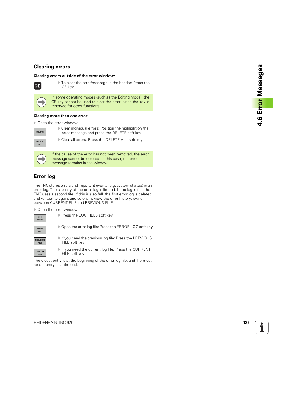 Clearing errors, Error log, 6 er ror messag es | HEIDENHAIN TNC 620 (340 56x-03) User Manual | Page 125 / 541