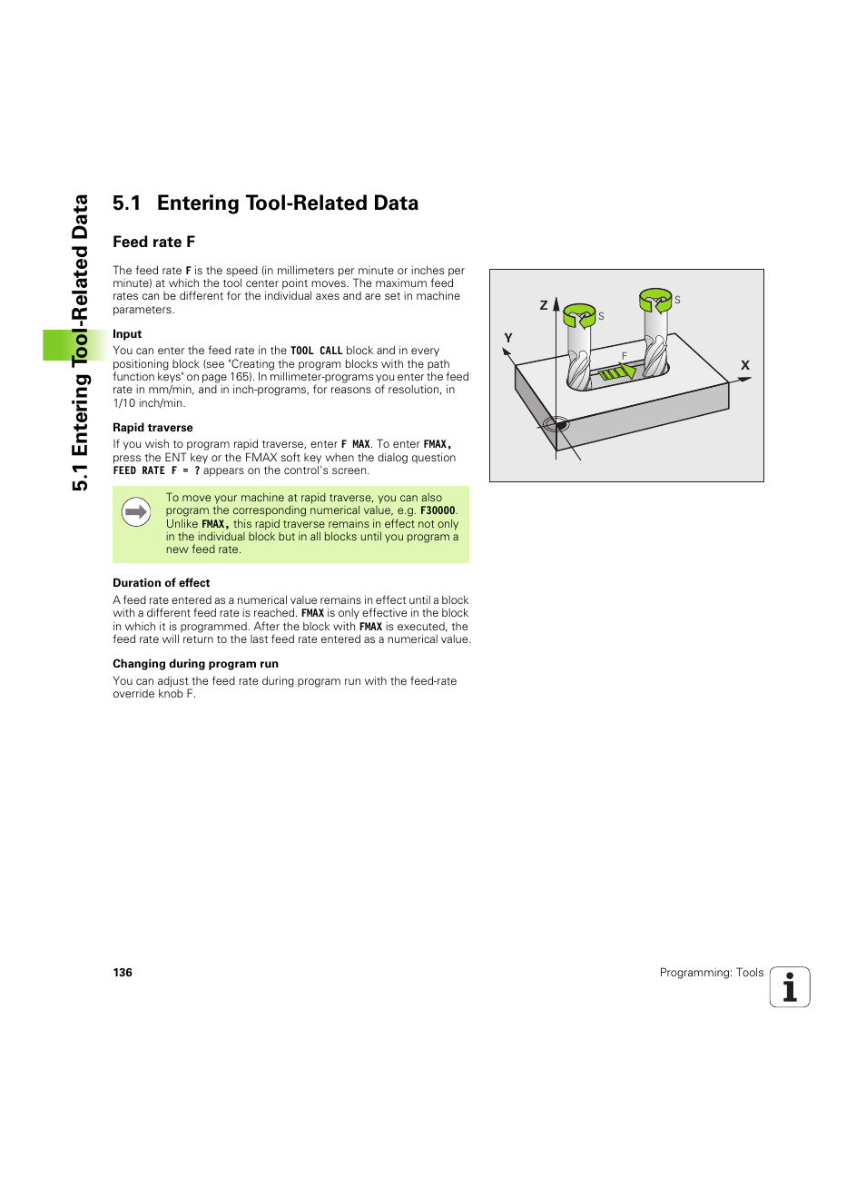 1 entering tool-related data, Feed rate f | HEIDENHAIN TNC 620 (340 56x-03) User Manual | Page 136 / 541