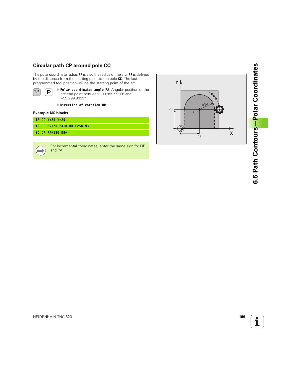 Circular path cp around pole cc, 5 p a th cont ours—p o lar coor dinat e s | HEIDENHAIN TNC 620 (340 56x-03) User Manual | Page 189 / 541