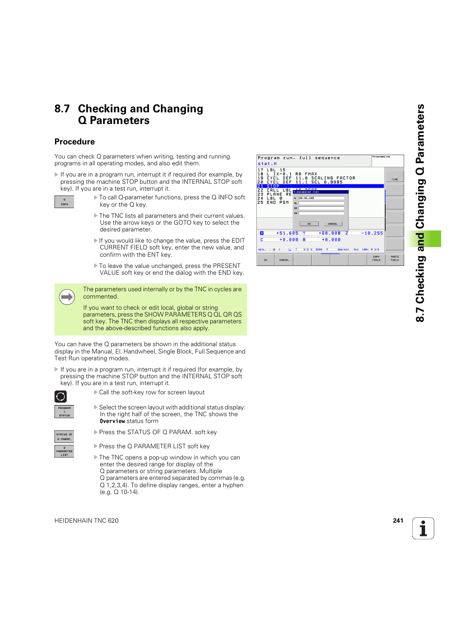 7 checking and changing q parameters, Procedure | HEIDENHAIN TNC 620 (340 56x-03) User Manual | Page 241 / 541