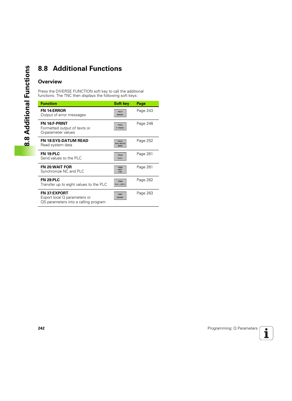8 additional functions, Overview, 8 a d ditional f unctions 8.8 additional functions | HEIDENHAIN TNC 620 (340 56x-03) User Manual | Page 242 / 541