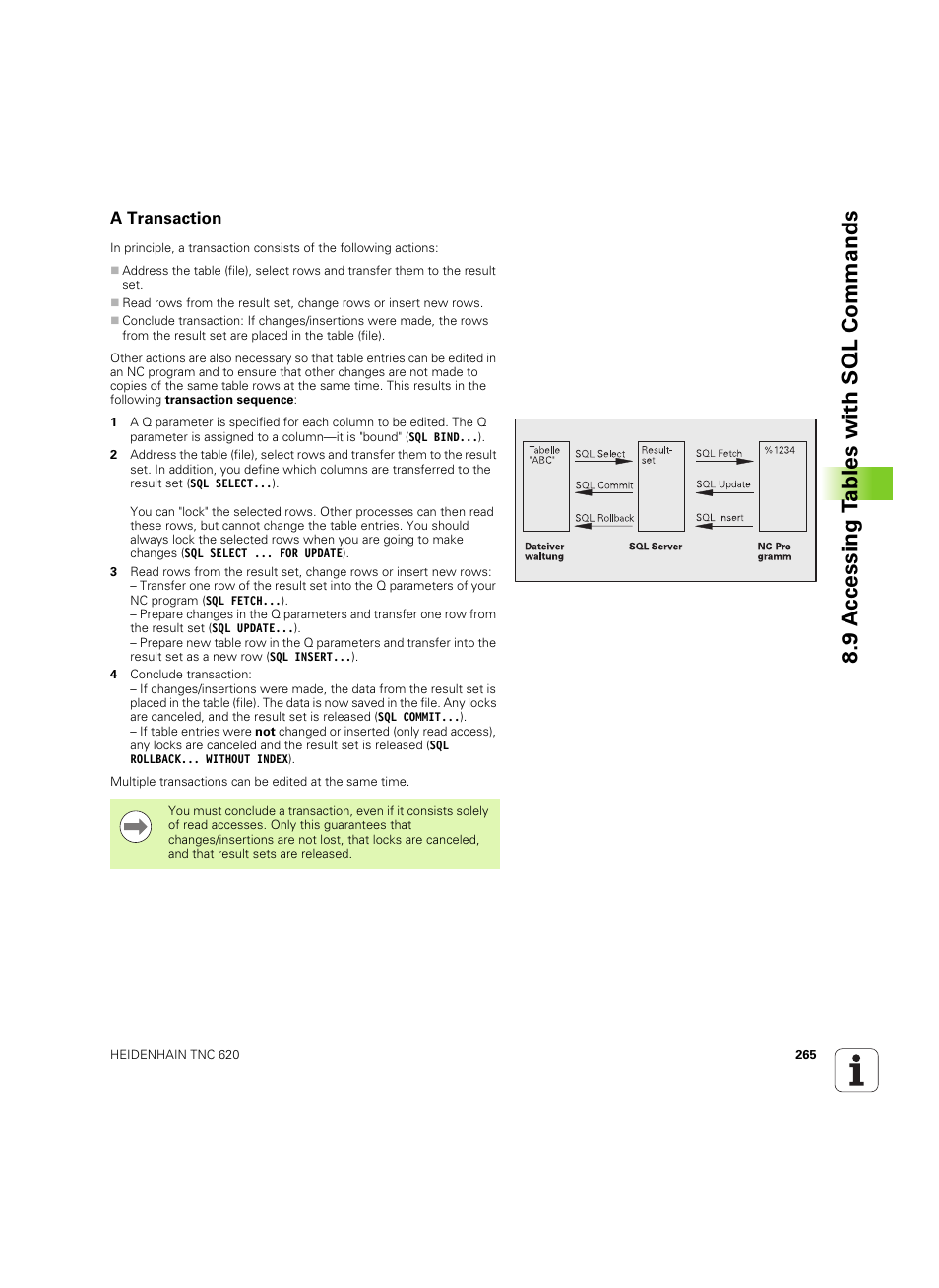 A transaction, 9 a c cessing t a bles with sql commands | HEIDENHAIN TNC 620 (340 56x-03) User Manual | Page 265 / 541